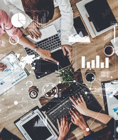 Imaginative visual of business people and financial firms staff . Concept of human resources , enterprise resource planning ERP and digital technology .